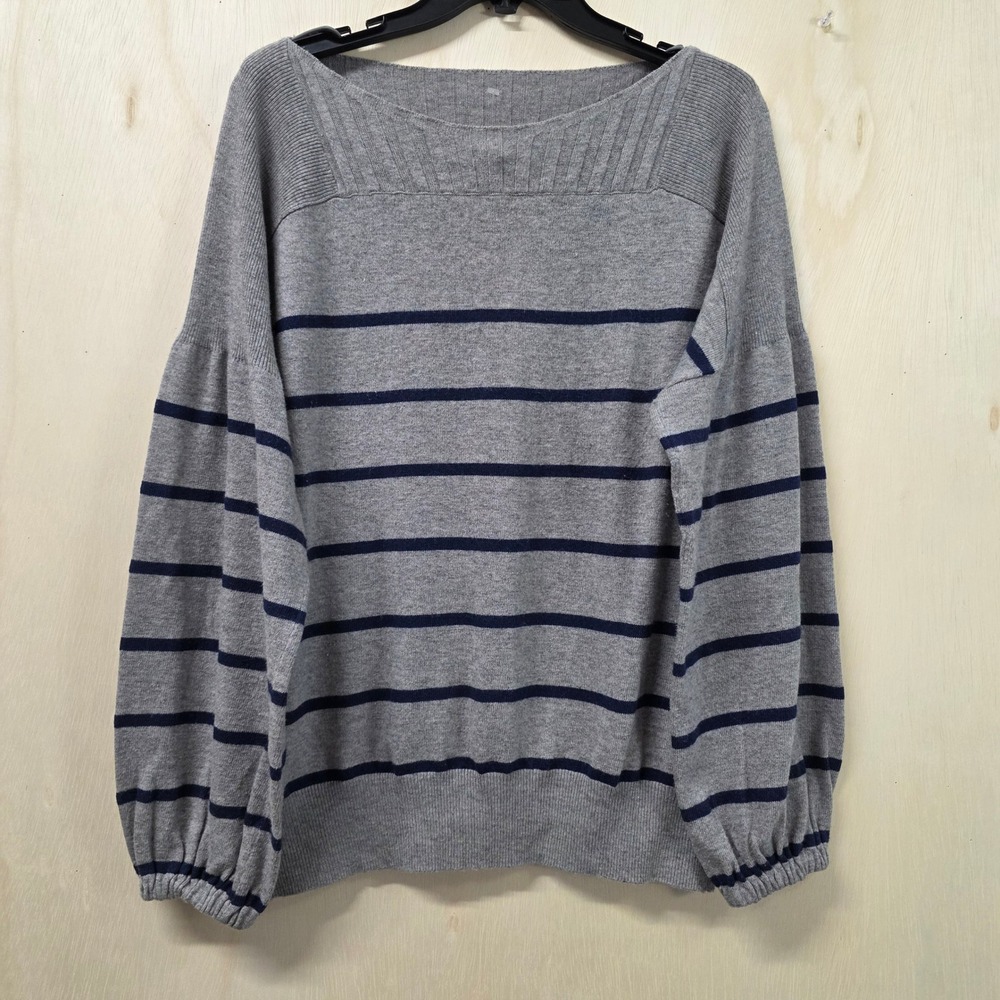 Lucky Brand Womens Wool Blend Striped Boat Neck Sweater Gray Navy Pullover